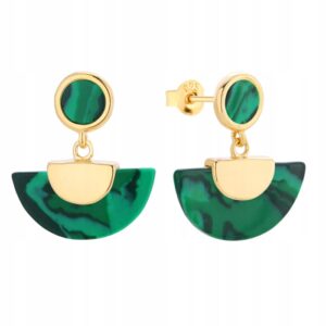 Złote Kolczyki Wiszące Malachit Srebro 925
