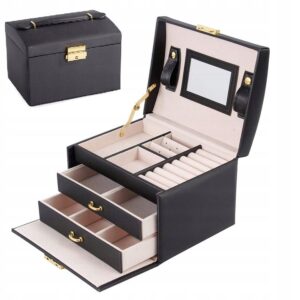 Szkatułka na biżuterię pudełko organizer kuferek z lusterkiem czarny